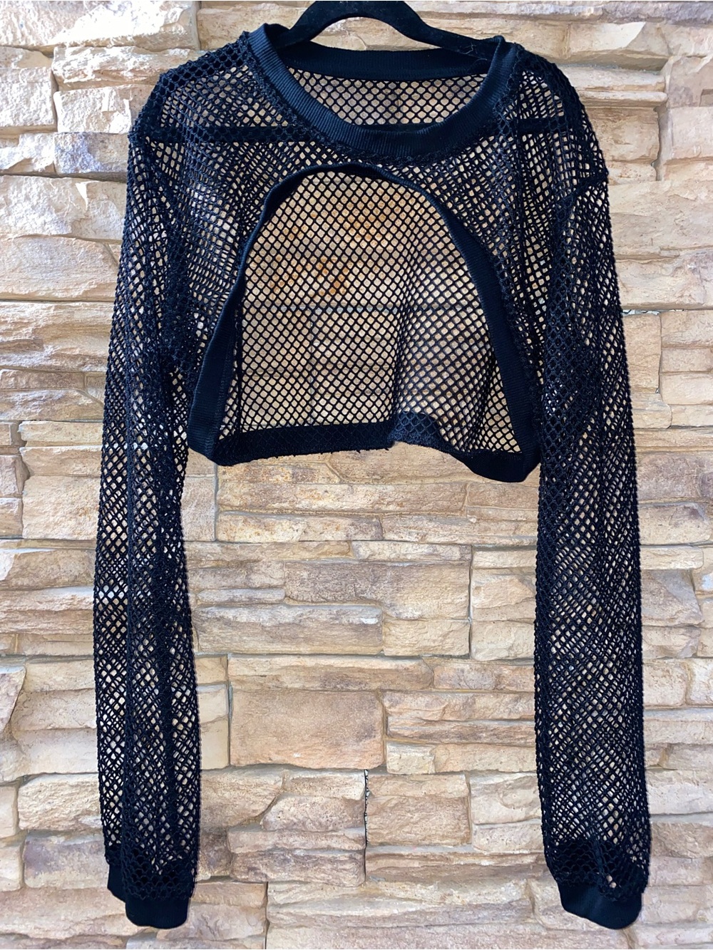 Dazy Black Fishnet Mesh Cutout Long Sleeve Crop Top Medium